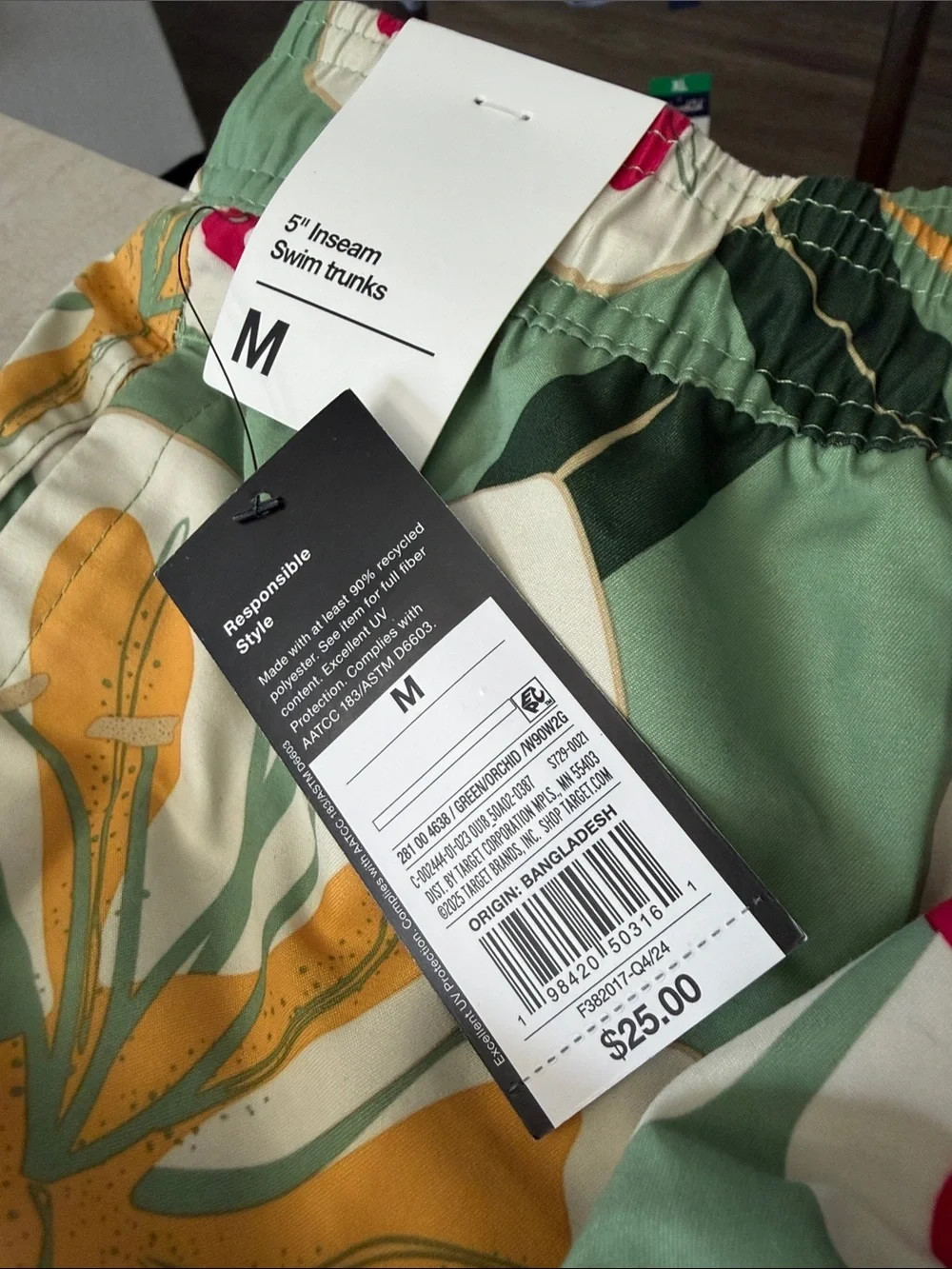 Original Use Green Floral Swim Trunks with Red & White Accents